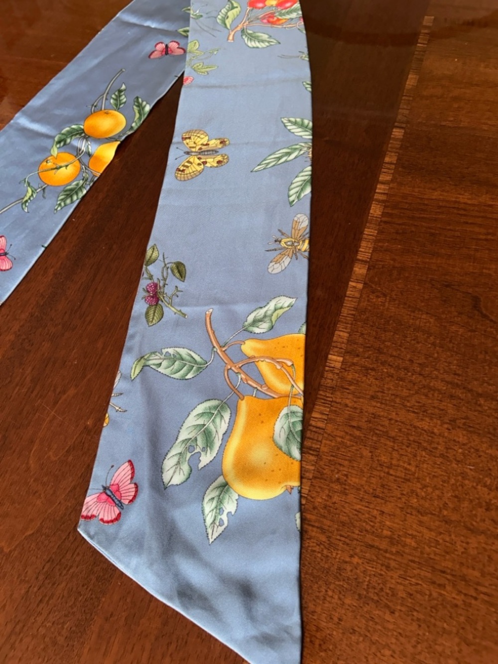 Blue Fruit & Butterfly Silk Scarf 5” x 60” by J McLaughlin - Picture 3 of 9